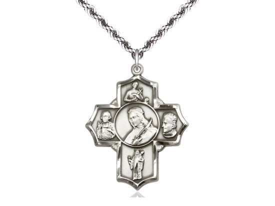 Bliss 5-Way St Philomena, Gerard, Vianney, Bosco & Jude Sterling Cross Medal w/Plated Rope Chain