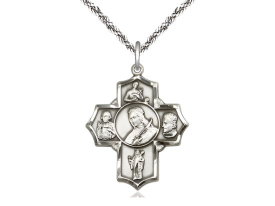 Bliss 5-Way St Philomena, Gerard, Vianney, Bosco & Jude Sterling Cross Medal w/Sterling Rope Chain