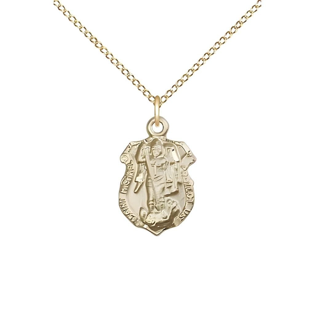 Bliss Shield St. Michael  the Archangel 14kt Gold Oval Small Children Medal with 14kt Gold Chain, Measures 5/8-inch tall by 3/8 - inch wide. Deluxe Gift Box.