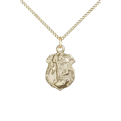 Shield St. Michael the Archangel 14kt Gold Oval Small Children Medal with 14kt Gold Chain, Measures 5/8-inch tall by 3/8 - inch wide. Deluxe Gift Box, Bliss Manufacturing