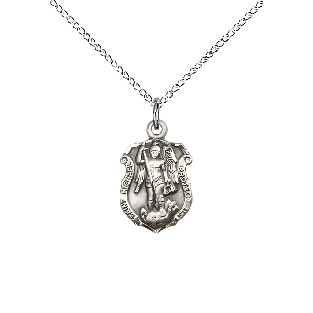 Bliss Shield St. Michael  the Archangel Engravable Small Children Sterling Silver Medal with Sterling Chain, Measures 5/8-inch tall by 3/8 - inch wide. Deluxe Gift Box.