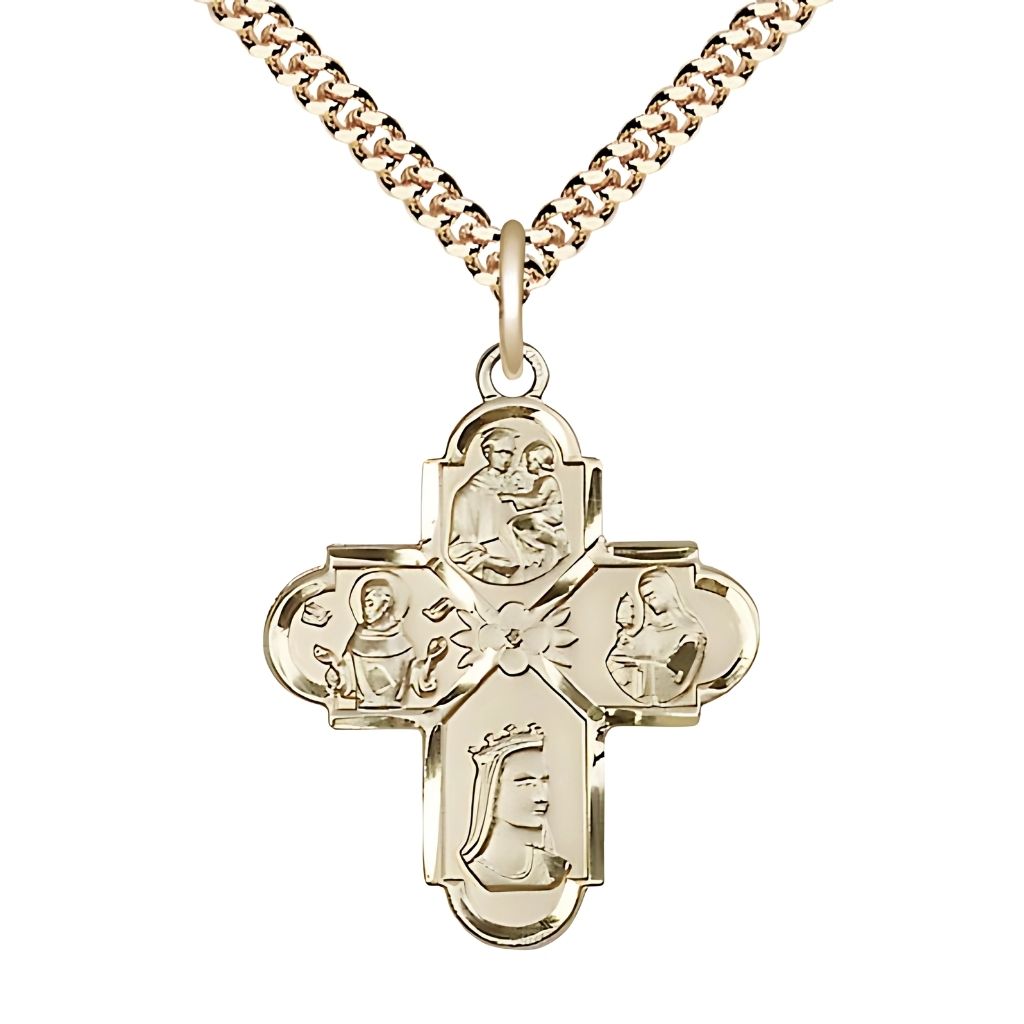 Bliss Franciscan 4-Way  Cross 14kt Gold-filled Medal with Gold-plated Chain, Measures 1-inch tall by 7/8-inch wide, features St Anthony of Padua, St Francis of Assisi, St Elizabeth of Hungary and St Clare.
