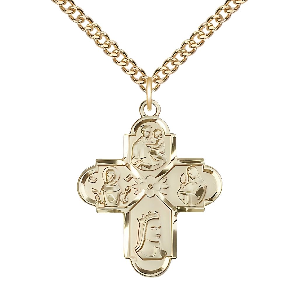 Bliss Franciscan 4-Way  Cross 14kt Gold-filled Medal with Gold-filled Chain, Measures 1-inch tall by 7/8-inch wide, features St Anthony of Padua, St Francis of Assisi, St Elizabeth of Hungary and St Clare.