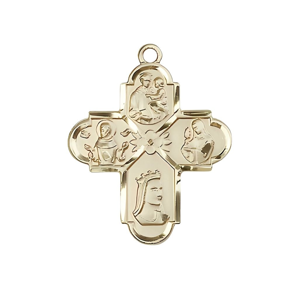 Bliss Franciscan 4-Way  Cross 14kt Gold Medal, Measures 1-inch tall by 7/8-inch wide, features St Anthony of Padua, St Francis of Assisi, St Elizabeth of Hungary and St Clare.