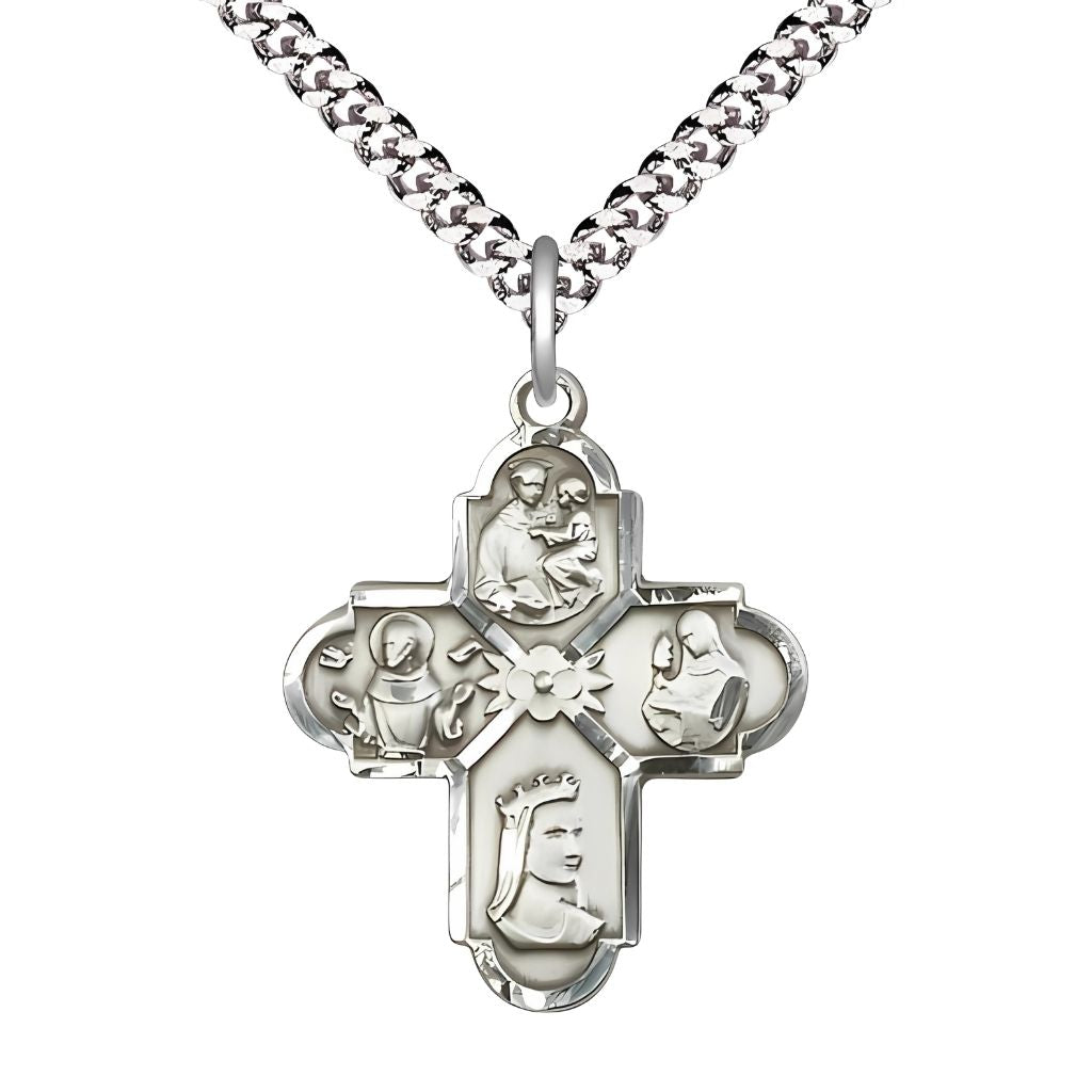 Bliss Franciscan 4-Way  Cross Sterling Silver Medal with Plated Chain, Measures 1-inch tall by 7/8-inch wide, features St Anthony of Padua, St Francis of Assisi, St Elizabeth of Hungary and St Clare.