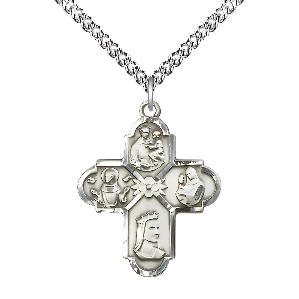Bliss Franciscan 4-Way  Cross Sterling Silver Medal with Sterling  Chain, Measures 1-inch tall by 7/8-inch wide, features St Anthony of Padua, St Francis of Assisi, St Elizabeth of Hungary and St Clare.
