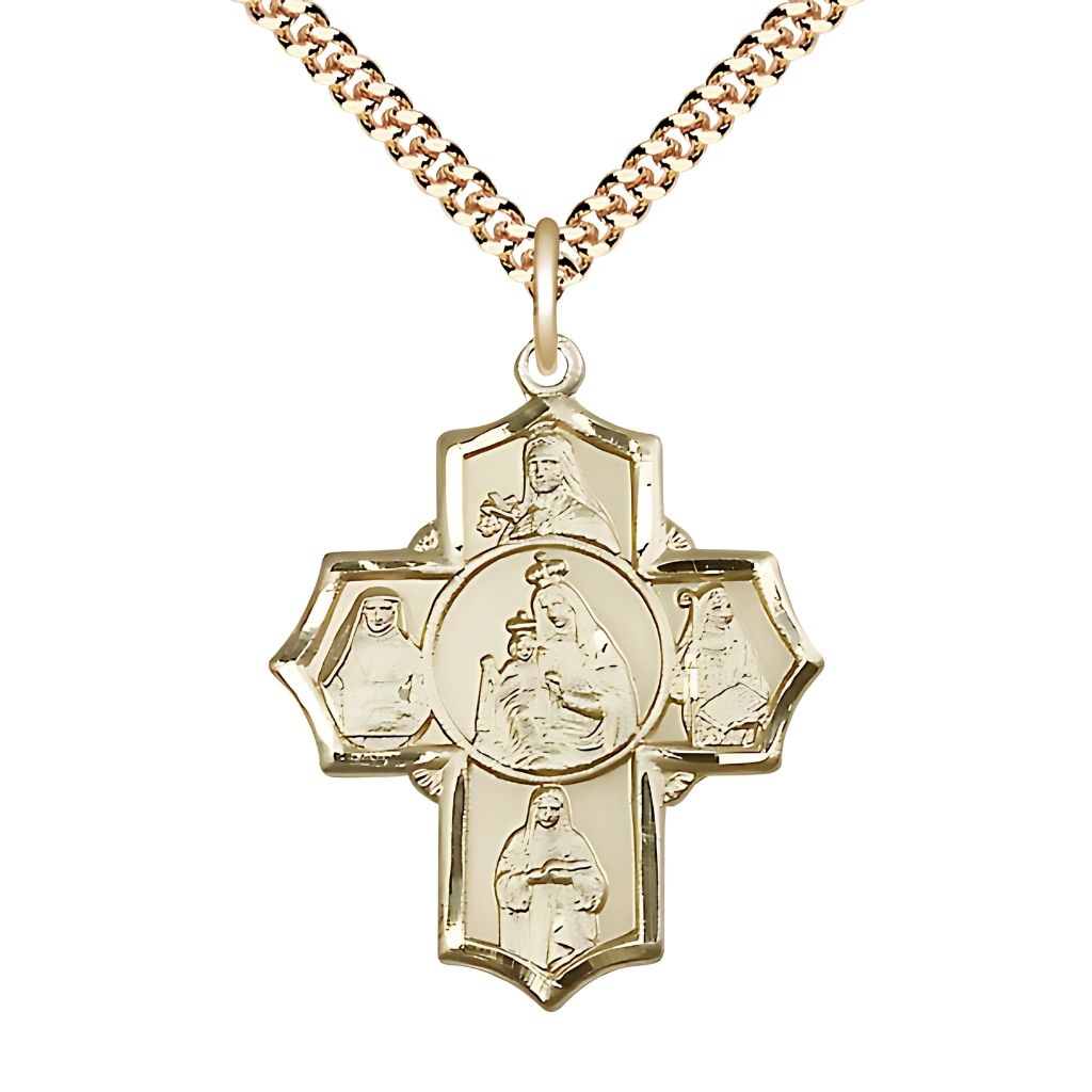 Our Lady of Mount Carmel 5-Way Cross 14kt Gold-filled Medal with Gold-plated Curb Chain, St Theresa , St Edith Stein, St Elizabeth of Hungary, and St Teresa of Avila, Measures 1 1/4-inch tall by 1-inch wide,