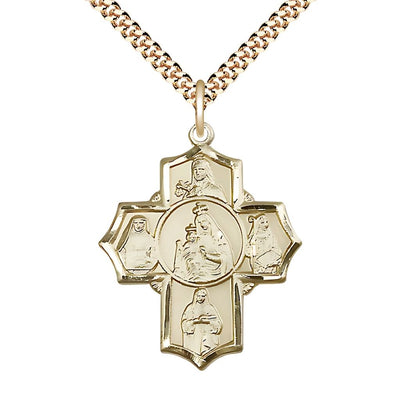 Our Lady of Mount Carmel 5-Way Cross 14kt Gold-filled Medal with Gold-plated Curb Chain, St Theresa, St Edith Stein, St Elizabeth of Hungary, and St Teresa of Avila, Measures 1, Bliss Manufacturing