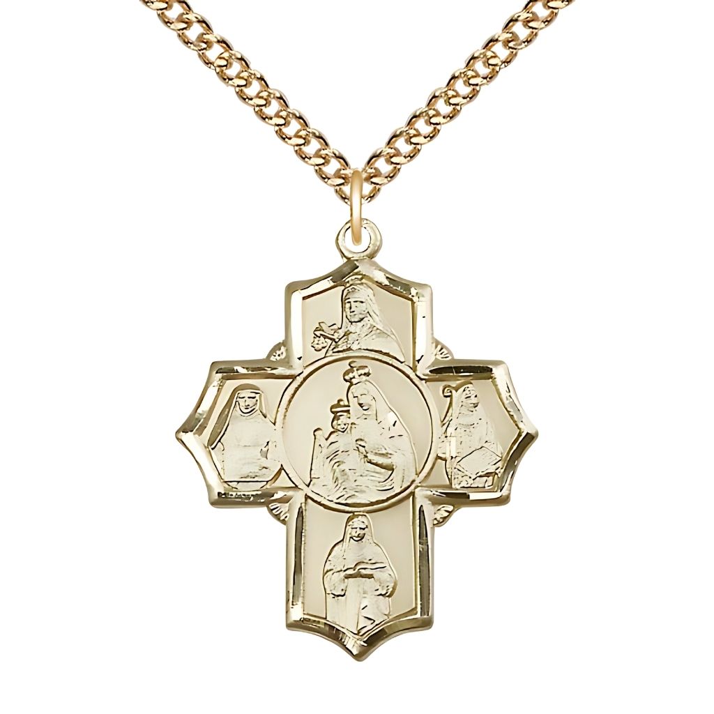 Our Lady of Mount Carmel 5-Way Cross 14kt Gold-filled Medal with Gold-filled Curb Chain, St Theresa , St Edith Stein, St Elizabeth of Hungary, and St Teresa of Avila, Measures 1 1/4-inch tall by 1-inch wide,