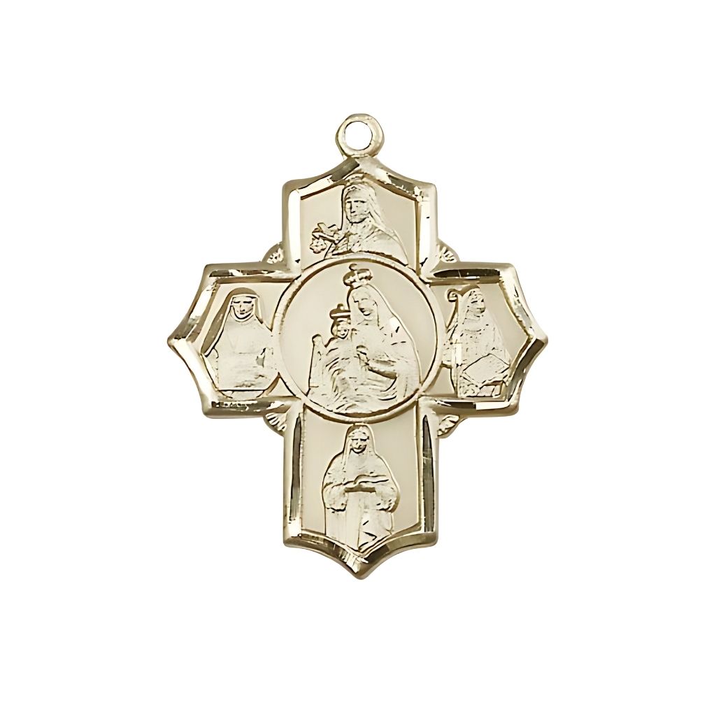 Our Lady of Mount Carmel 5-Way Cross 14kt Gold Medal, St Theresa , St Edith Stein, St Elizabeth of Hungary, and St Teresa of Avila, Measures 1 1/4-inch tall by 1-inch wide,