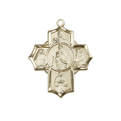 Our Lady of Mount Carmel 5-Way Cross 14kt Gold Medal, St Theresa, St Edith Stein, St Elizabeth of Hungary, and St Teresa of Avila, Measures 1 1/4-inch tall by 1-inch wide, Bliss Manufacturing