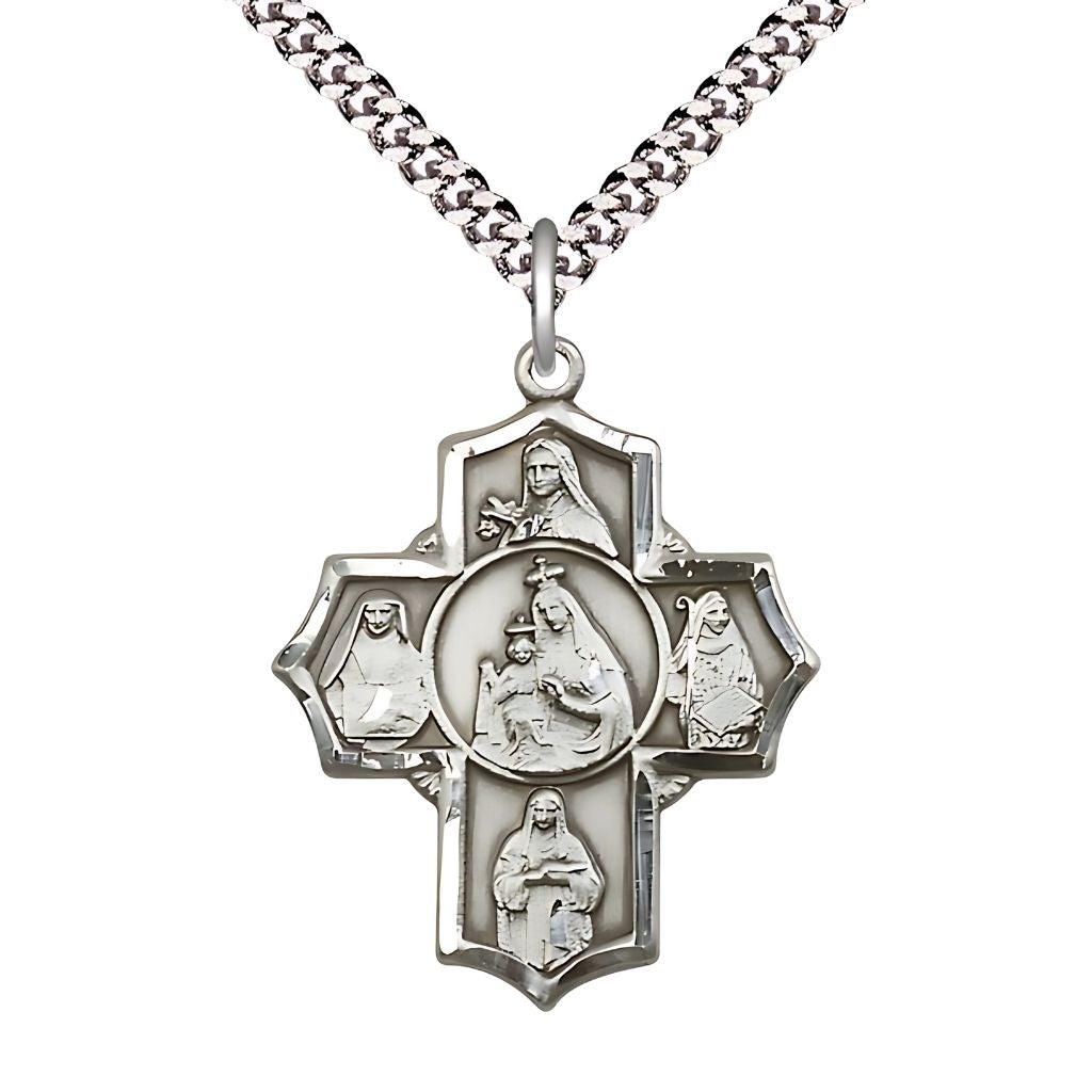 Our Lady of Mount Carmel 5-Way Cross Sterling Silver Medal with Plated Curb Chain, St Theresa , St Edith Stein, St Elizabeth of Hungary, and St Teresa of Avila, Measures 1 1/4-inch tall by 1-inch wide,