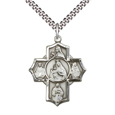 Our Lady of Mount Carmel 5-Way Cross Sterling Silver Medal with Plated Curb Chain, St Theresa, St Edith Stein, St Elizabeth of Hungary, and St Teresa of Avila, Measures 1 1/4-inch, Bliss Manufacturing