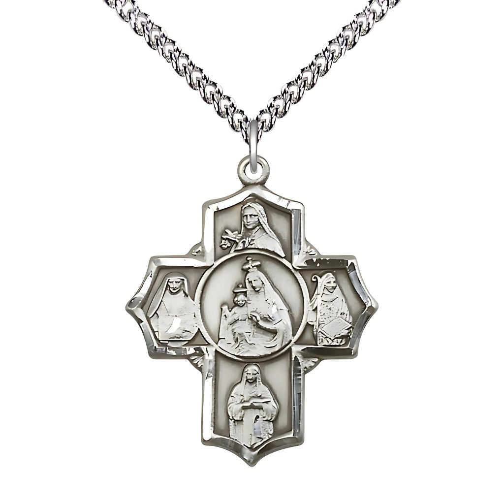 Our Lady of Mount Carmel 5-Way Cross Sterling Silver Medal with Sterling Curb Chain, St Theresa , St Edith Stein, St Elizabeth of Hungary, and St Teresa of Avila, Measures 1 1/4-inch tall by 1-inch wide,