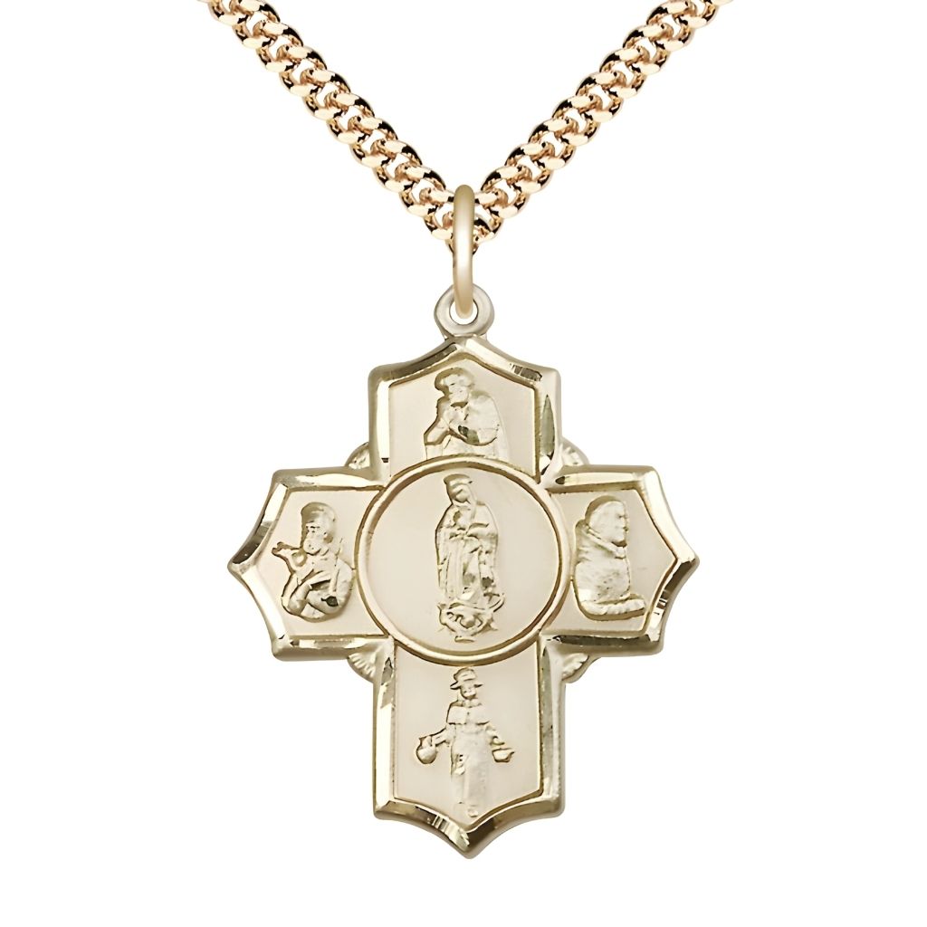 Bliss Our Lady of Guadalupe 5-Way Cross 14kt Gold-filled Medal with a Gold-plated Chain,  Measures 1 1/4-inch tall by 1-inch wide, Saints; St. Juan Diego, St. Francis Xavier, St. Nino de Atocha, St. Pio and Our Lady of Guadalupe