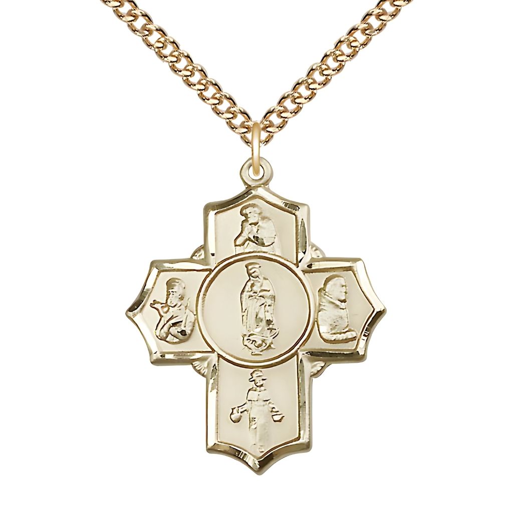 Bliss Our Lady of Guadalupe 5-Way Cross 14kt Gold-filled Medal with a Gold-filled Chain,  Measures 1 1/4-inch tall by 1-inch wide, Saints; St. Juan Diego, St. Francis Xavier, St. Nino de Atocha, St. Pio and Our Lady of Guadalupe