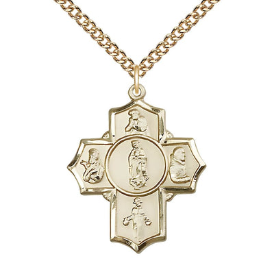 Our Lady of Guadalupe 5-Way Cross 14kt Gold-filled Medal with a Gold-filled Chain, Measures 1 1/4-inch tall by 1-inch wide, Saints; St. Juan Diego, St. Francis Xavier, St. Nino de, Bliss Manufacturing