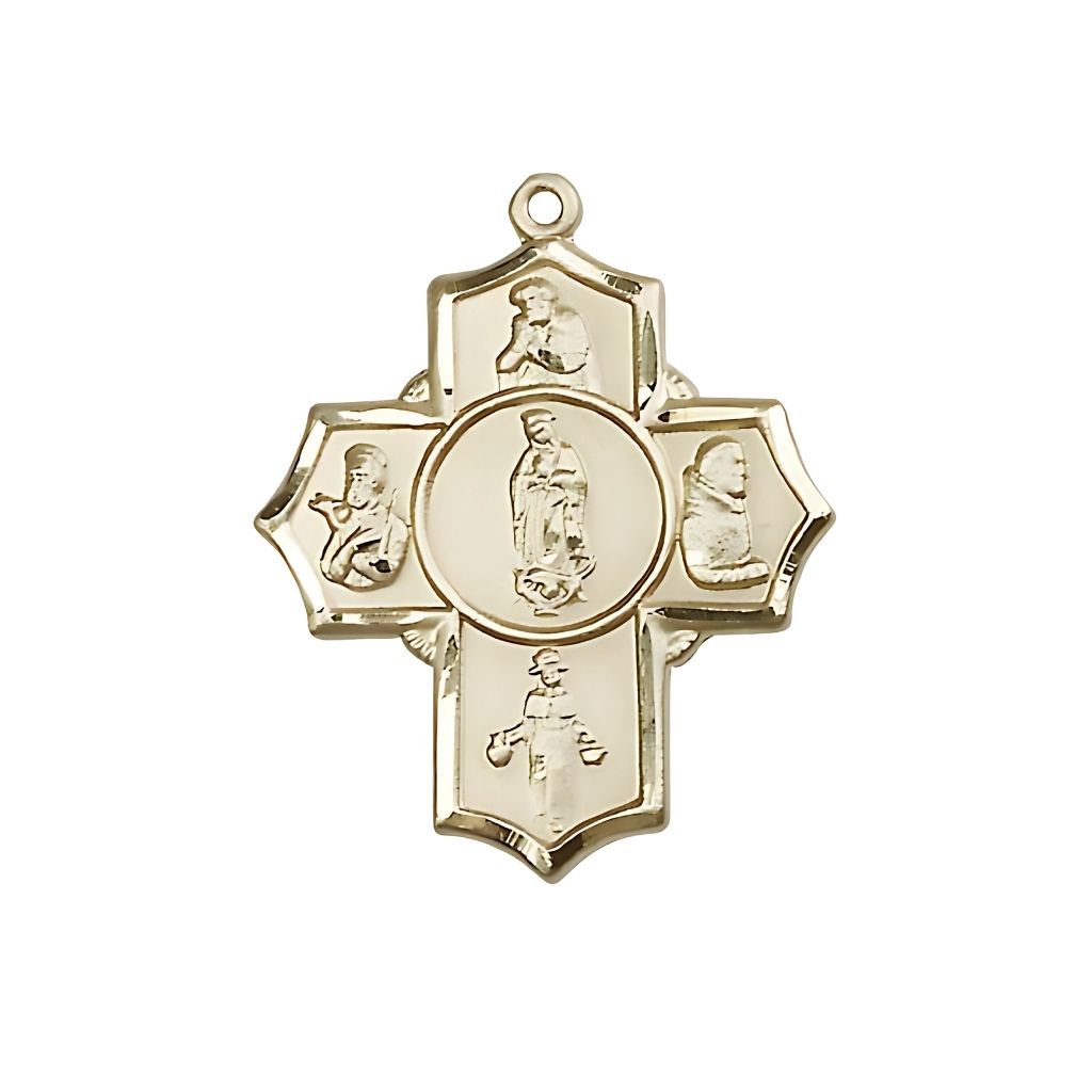 Bliss Our Lady of Guadalupe 5-Way Cross 14kt Gold Medal, Measures 1 1/4-inch tall by 1-inch wide, Saints; St. Juan Diego, St. Francis Xavier, St. Nino de Atocha, St. Pio and Our Lady of Guadalupe