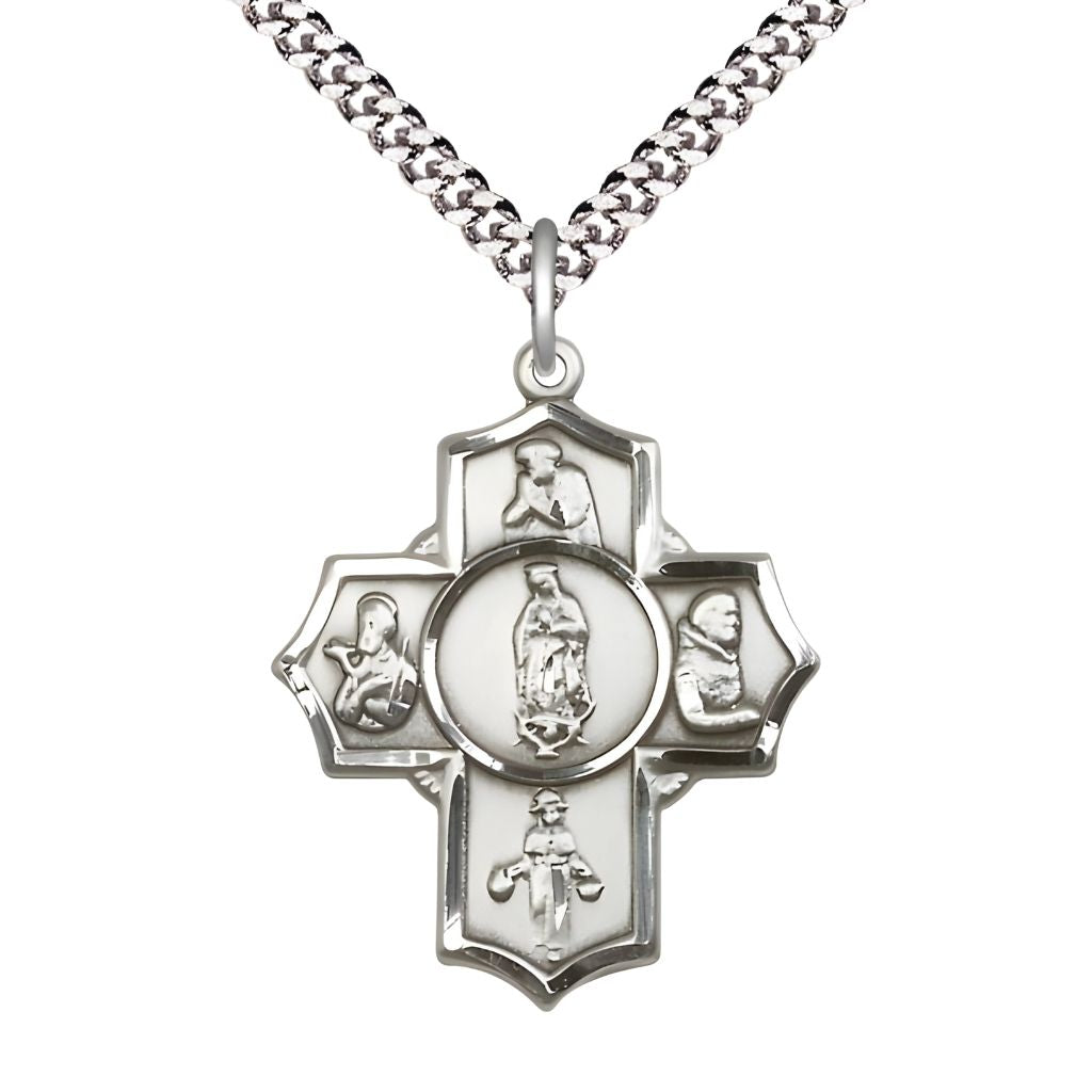 Our Lady of Guadalupe 5-Way Cross Pewter Meda with Plated Chain, St. Juan Diego, St. Francis Xavier, St. Nino de Atocha, St. Pio and Our Lady of Guadalupe in the center.
