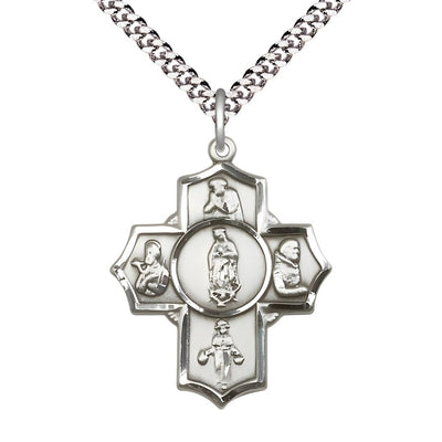 Our Lady of Guadalupe 5-Way Cross Sterling Silver Medal with a Plated Chain, Measures 1 1/4-inch tall by 1-inch wide, Saints; St. Juan Diego, St. Francis Xavier, St. Nino de, Bliss Manufacturing
