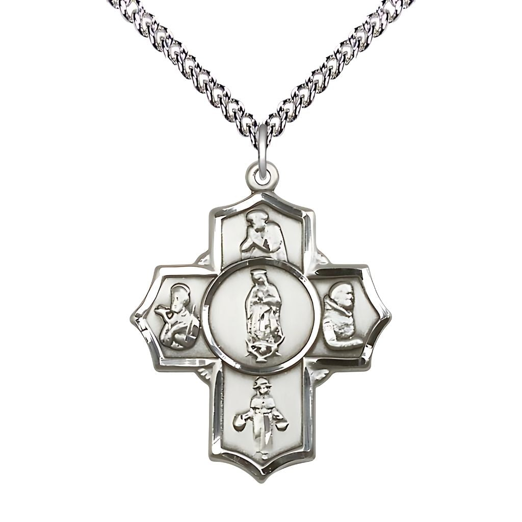 Bliss Our Lady of Guadalupe 5-Way Cross Sterling Silver Medal with a Sterling Chain,  Measures 1 1/4-inch tall by 1-inch wide, Saints; St. Juan Diego, St. Francis Xavier, St. Nino de Atocha, St. Pio and Our Lady of Guadalupe