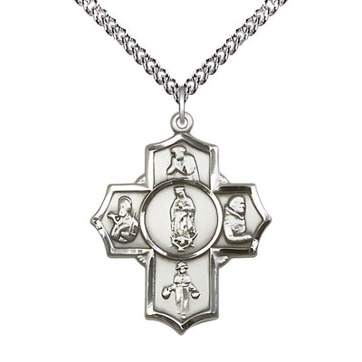 Our Lady of Guadalupe 5-Way Cross Sterling Silver Medal with a Sterling Chain, Measures 1 1/4-inch tall by 1-inch wide, Saints; St. Juan Diego, St. Francis Xavier, St. Nino de, Bliss Manufacturing