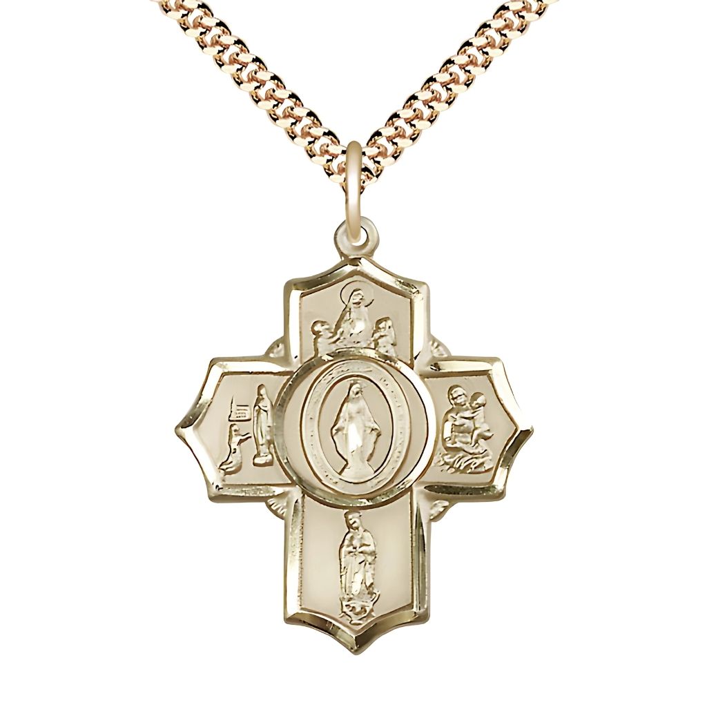Our Lady Apparition 5-Way Cross Gold-filled Medal with Gold-plated Chain, Our Lady of Fatima, Our Lady of Lourdes Our Lady of Guadalupe Our Lady of Knock and Miraculous in the center.