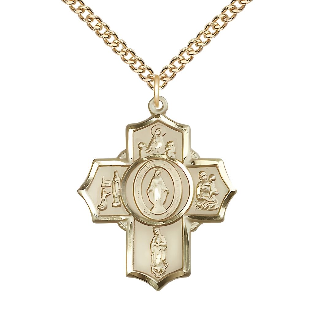 Our Lady Apparition 5-Way Cross 14kt Gold-filled Medal with Gold-filled Chain, Our Lady of Fatima, Our Lady of Lourdes Our Lady of Guadalupe Our Lady of Knock and Miraculous in the center.