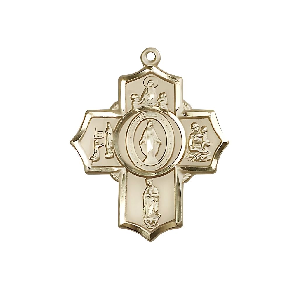 Our Lady Apparition 5-Way Cross 14kt Gold Medal, Our Lady of Fatima, Our Lady of Lourdes Our Lady of Guadalupe Our Lady of Knock and Miraculous in the center.