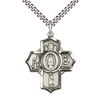 Our Lady Apparition 5-Way Cross Pewter Medal with Plated Chain, Our Lady of Fatima, Our Lady of Lourdes Our Lady of Guadalupe Our Lady of Knock and Miraculous in the center, Bliss Manufacturing