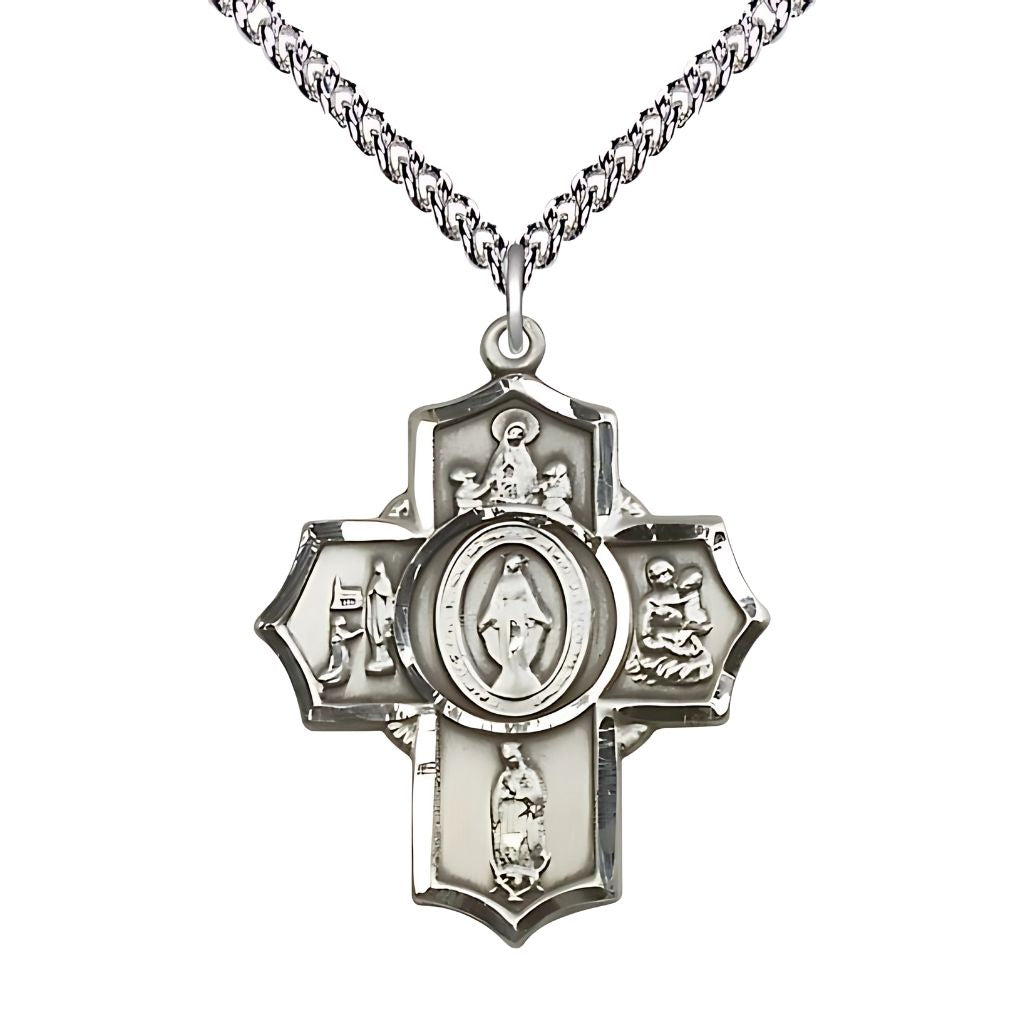 Our Lady Apparition 5-Way Cross Sterling Silver Medal with Sterling Chain, Our Lady of Fatima, Our Lady of Lourdes Our Lady of Guadalupe Our Lady of Knock and Miraculous in the center.