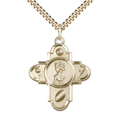 Sports St. Christopher 5-Way Cross 14kt Gold-filled Medal with Gold-plated Chain, Measures 1 1/4-inch tall by 1-inch wide. Features Soccer, Basketball, Football, Baseball and St, Bliss Manufacturing