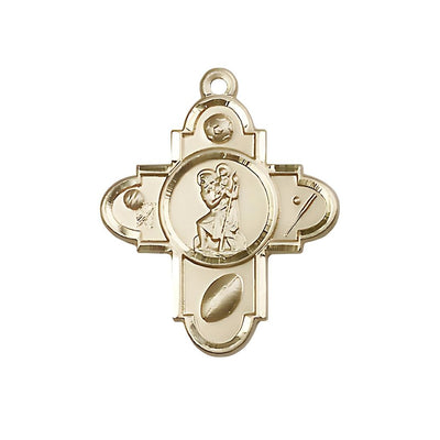 Sports St. Christopher 5-Way Cross 14kt Gold Medal, Measures 1 1/4-inch tall by 1-inch wide. Features Soccer, Basketball, Football, Baseball and St Christopher in the center, Bliss Manufacturing
