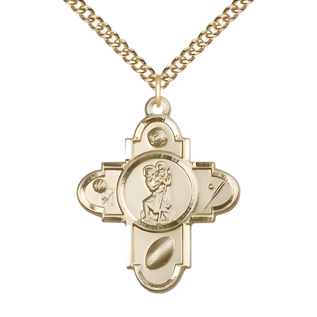 Bliss Sports St. Christopher 5-Way Cross 14kt Gold Medal with 14kt Gold Chain, Measures 1 1/4-inch tall by 1-inch wide.  Features Soccer, Basketball, Football, Baseball and St Christopher in the center.