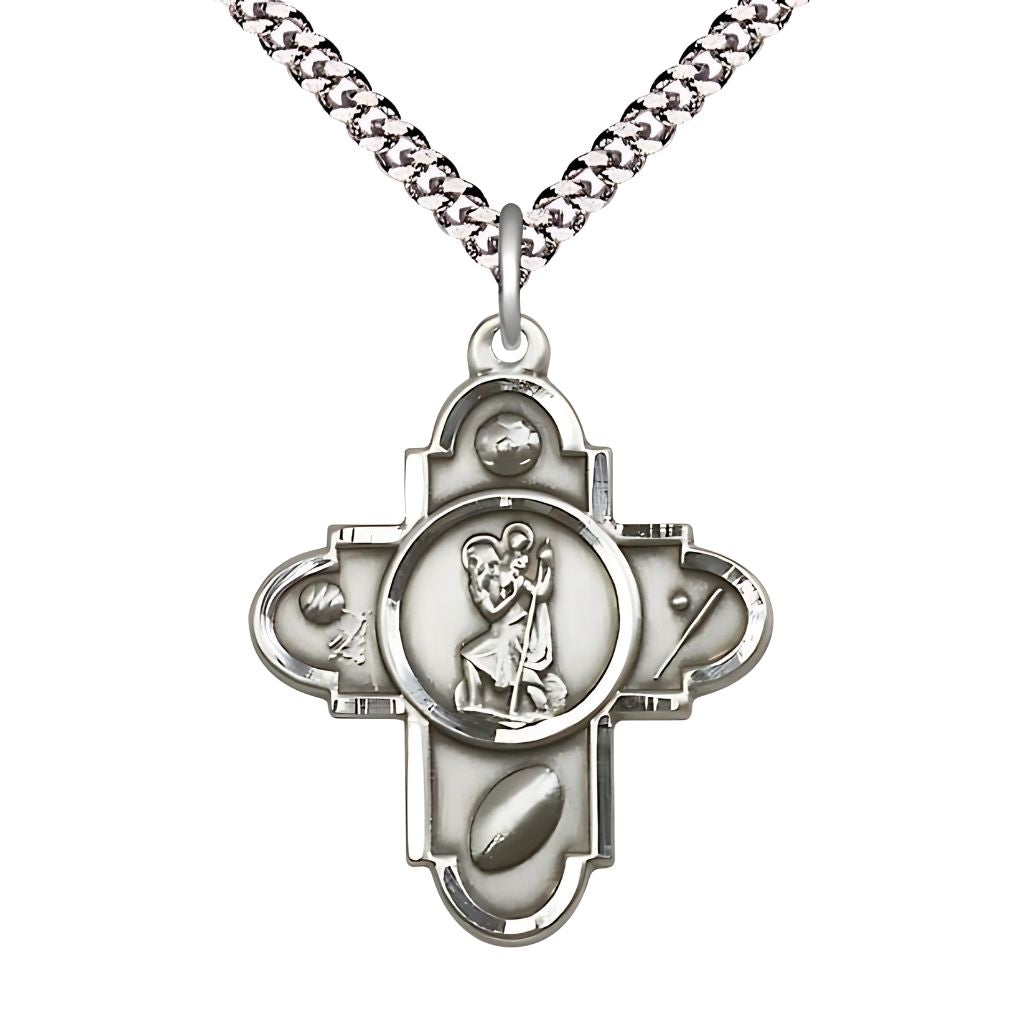 Bliss Sports St. Christopher 5-Way Cross Pewter Medal with Plated Chain, Measures 1 1/4-inch tall by 1-inch wide.  Features Soccer, Basketball, Football, Baseball and St Christopher in the center.