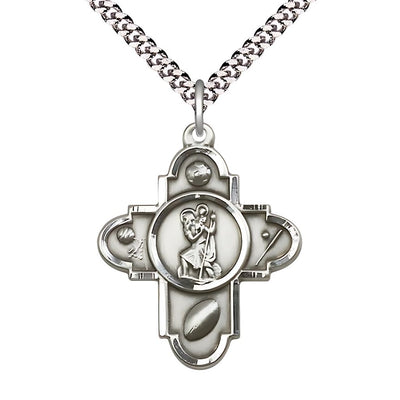 Sports St. Christopher 5-Way Cross Pewter Medal with Plated Chain, Measures 1 1/4-inch tall by 1-inch wide. Features Soccer, Basketball, Football, Baseball and St Christopher, Bliss Manufacturing