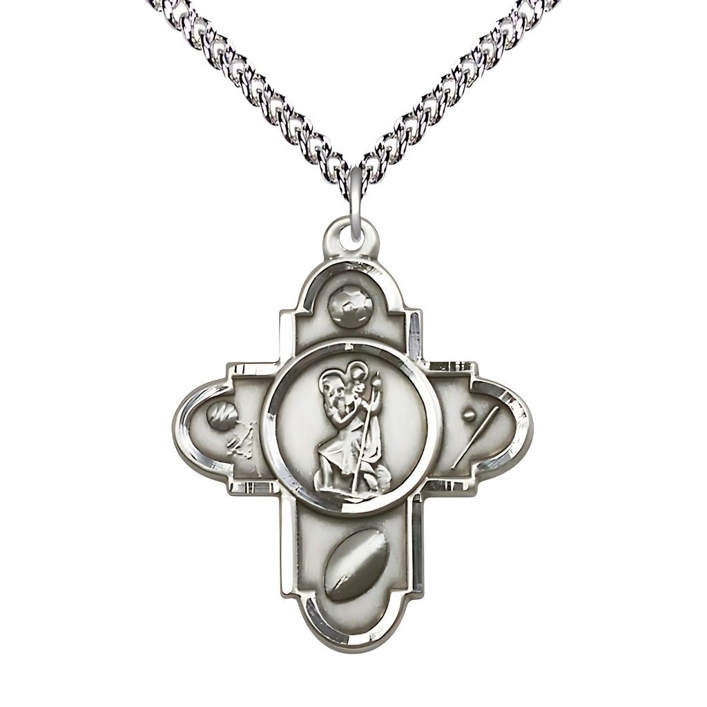 Bliss Sports St. Christopher 5-Way Cross Sterling Silver Medal with Sterling Chain, Measures 1 1/4-inch tall by 1-inch wide.  Features Soccer, Basketball, Football, Baseball and St Christopher in the center.