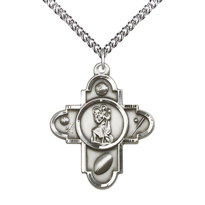 Sports St. Christopher 5-Way Cross Sterling Silver Medal with Sterling Chain, Measures 1 1/4-inch tall by 1-inch wide. Features Soccer, Basketball, Football, Baseball and St, Bliss Manufacturing