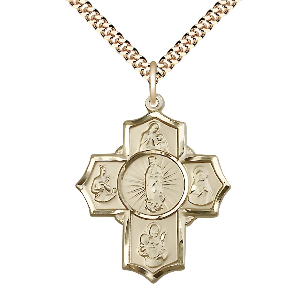 Bliss Motherhood 5-Way Cross 14kt Gold-filled Medal with a Gold-plated Chain,  Measures 1 1/4-inch tall by 1-inch wide,  St. Ann, St. Gerard, St. Raymond Nonnatus, St. Rita and Our Lady of Guadalupe in the center.