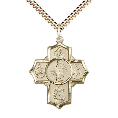 Motherhood 5-Way Cross 14kt Gold-filled Medal with a Gold-plated Chain, Measures 1 1/4-inch tall by 1-inch wide, St. Ann, St. Gerard, St. Raymond Nonnatus, St. Rita and Our Lady, Bliss Manufacturing