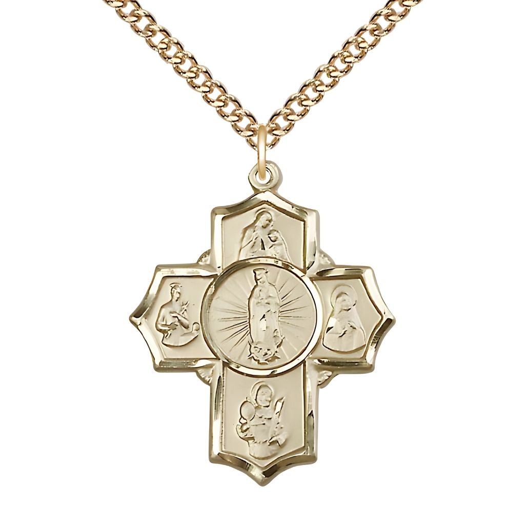 Bliss Motherhood 5-Way Cross 14kt Gold-filled Medal with a Gold-filled Chain,  Measures 1 1/4-inch tall by 1-inch wide,  St. Ann, St. Gerard, St. Raymond Nonnatus, St. Rita and Our Lady of Guadalupe in the center.