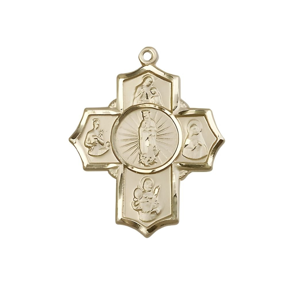Bliss Motherhood 5-Way Cross 14kt Gold Medal,  Measures 1 1/4-inch tall by 1-inch wide,  St. Ann, St. Gerard, St. Raymond Nonnatus, St. Rita and Our Lady of Guadalupe in the center.