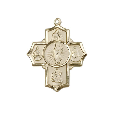 Motherhood 5-Way Cross 14kt Gold Medal, Measures 1 1/4-inch tall by 1-inch wide, St. Ann, St. Gerard, St. Raymond Nonnatus, St. Rita and Our Lady of Guadalupe in the center, Bliss Manufacturing