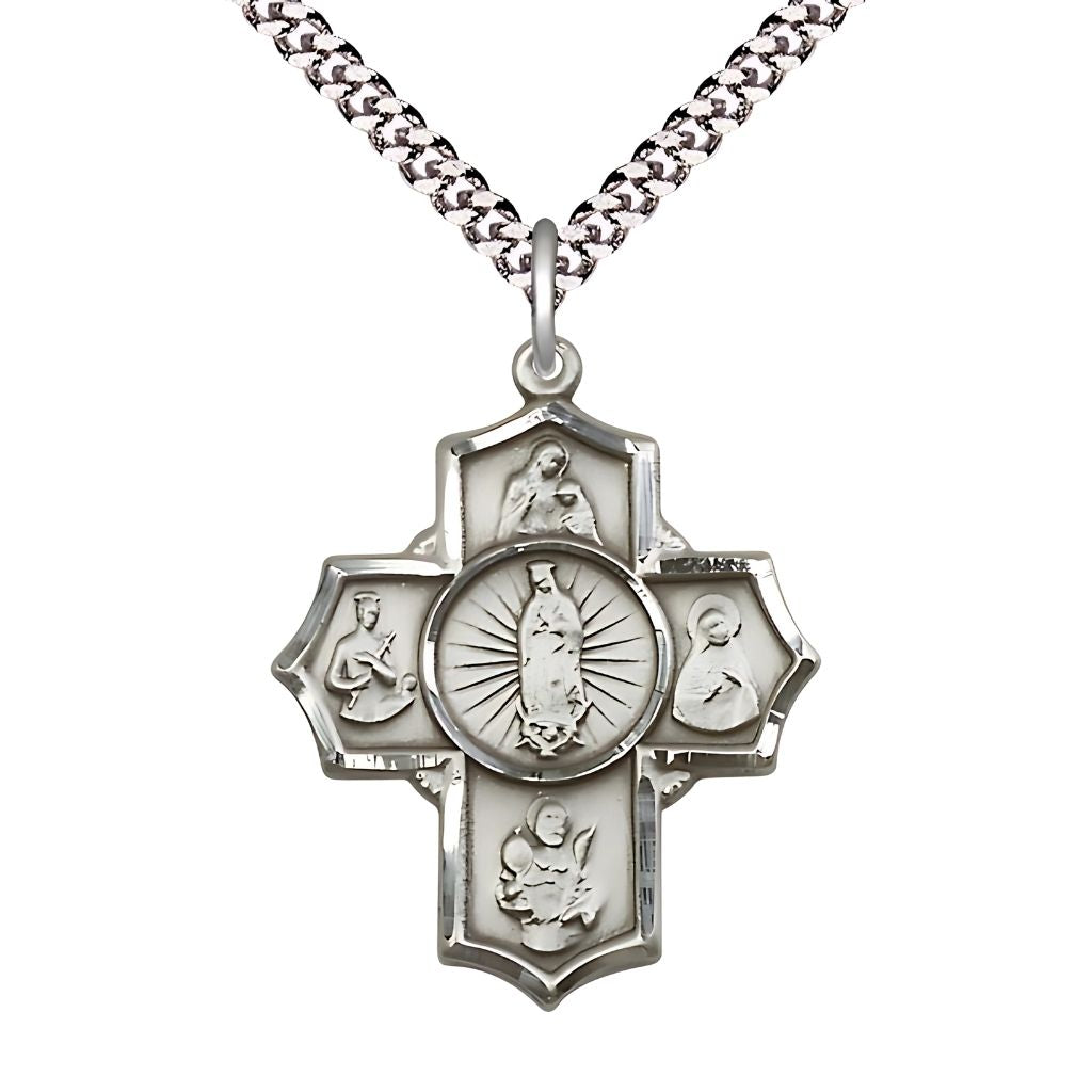 Bliss Motherhood 5-Way Cross Sterling Silver Medal with a Plated Chain,  Measures 1 1/4-inch tall by 1-inch wide,  St. Ann, St. Gerard, St. Raymond Nonnatus, St. Rita and Our Lady of Guadalupe in the center.