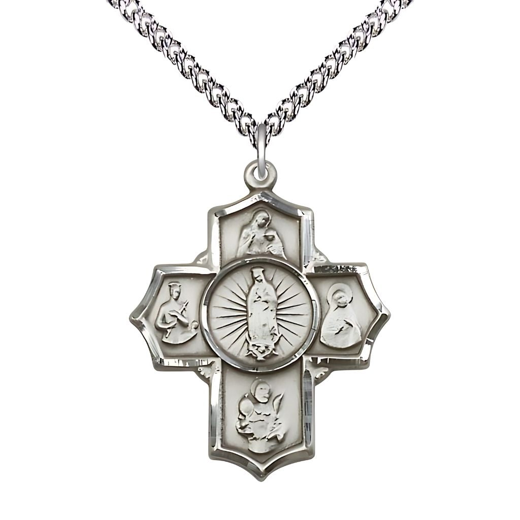 Bliss Motherhood 5-Way Cross Sterling Silver Medal with a Sterling Silver Chain,  Measures 1 1/4-inch tall by 1-inch wide,  St. Ann, St. Gerard, St. Raymond Nonnatus, St. Rita and Our Lady of Guadalupe in the center.