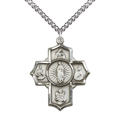 Motherhood 5-Way Cross Sterling Silver Medal with a Sterling Silver Chain, Measures 1 1/4-inch tall by 1-inch wide, St. Ann, St. Gerard, St. Raymond Nonnatus, St. Rita and Our, Bliss Manufacturing