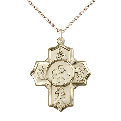 Firefighters 14kt Gold 5-Way Cross Pendant Medal with Curb 14kt Gold Light Rope Chain, Bliss Manufacturing