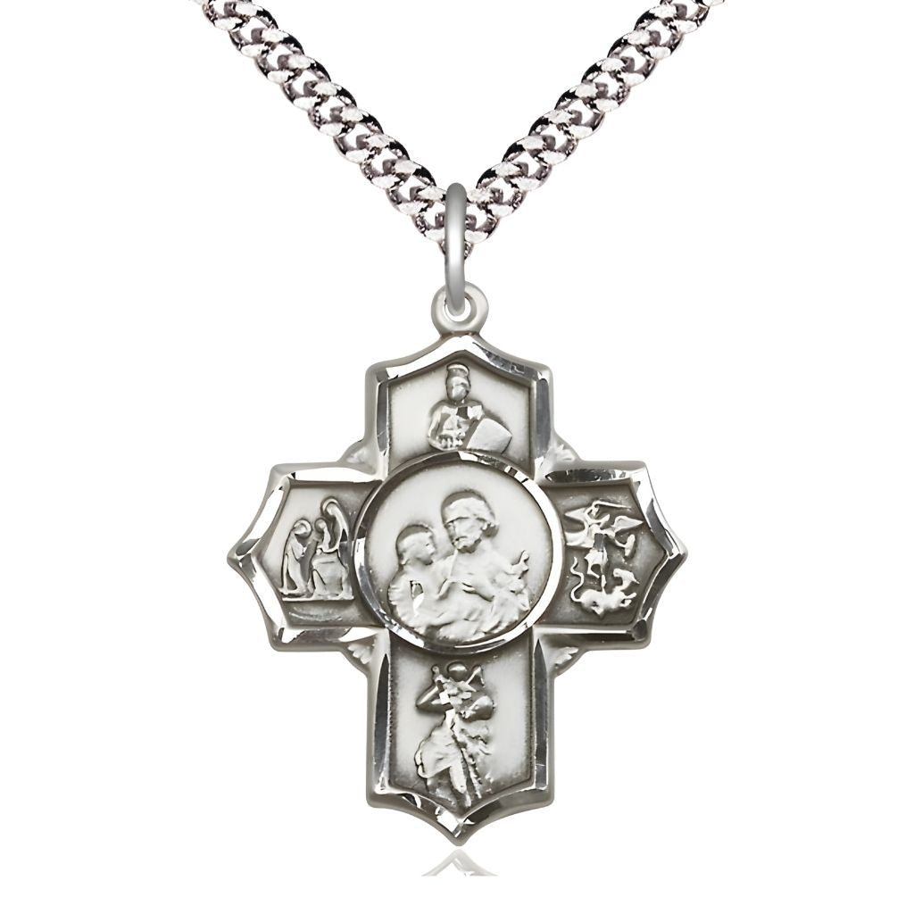 Bliss Firefighter 5-Way Cross Pewter Medal features St Florian, St. Catherine of Siena, St. Christopher, St. Michael and St. Joseph in the center.
