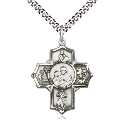 Firefighter 5-Way Cross Pewter Medal features St Florian, St. Catherine of Siena, St. Christopher, St. Michael and St. Joseph in the center, Bliss Manufacturing