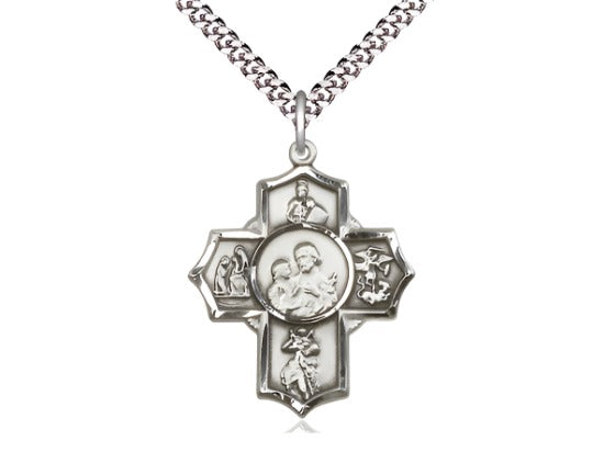 Firefighter's Sterling Silver 5-Way Cross Medal Pendant w/Plated Curb Chain,